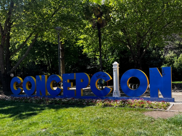 Concepción city sign in thick, blue uppercase letters, surrounded by greenery. 